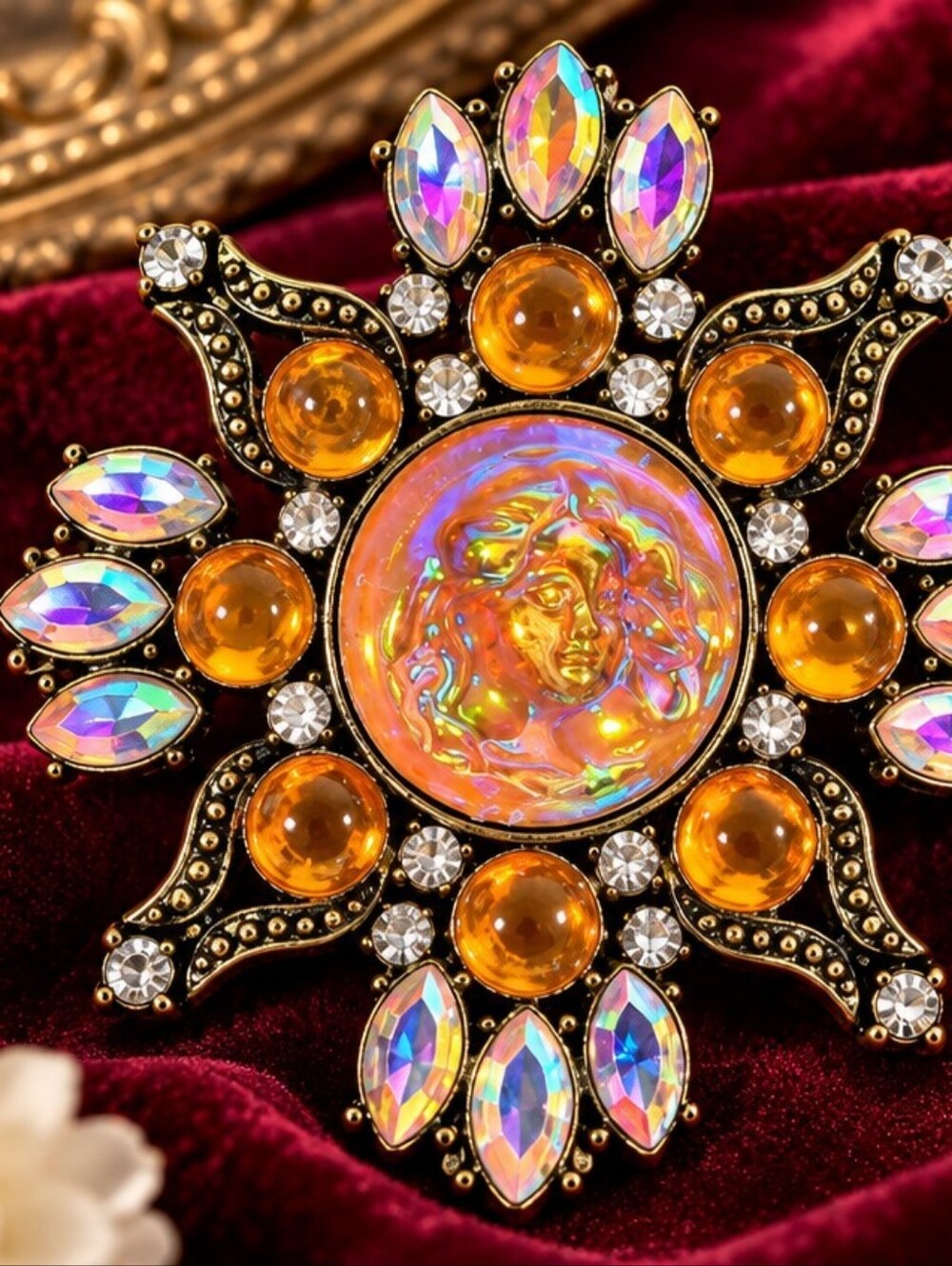 NWOT AB Cameo Statement Brooch Amber Rhinestone Victorian Revival Gold Tone